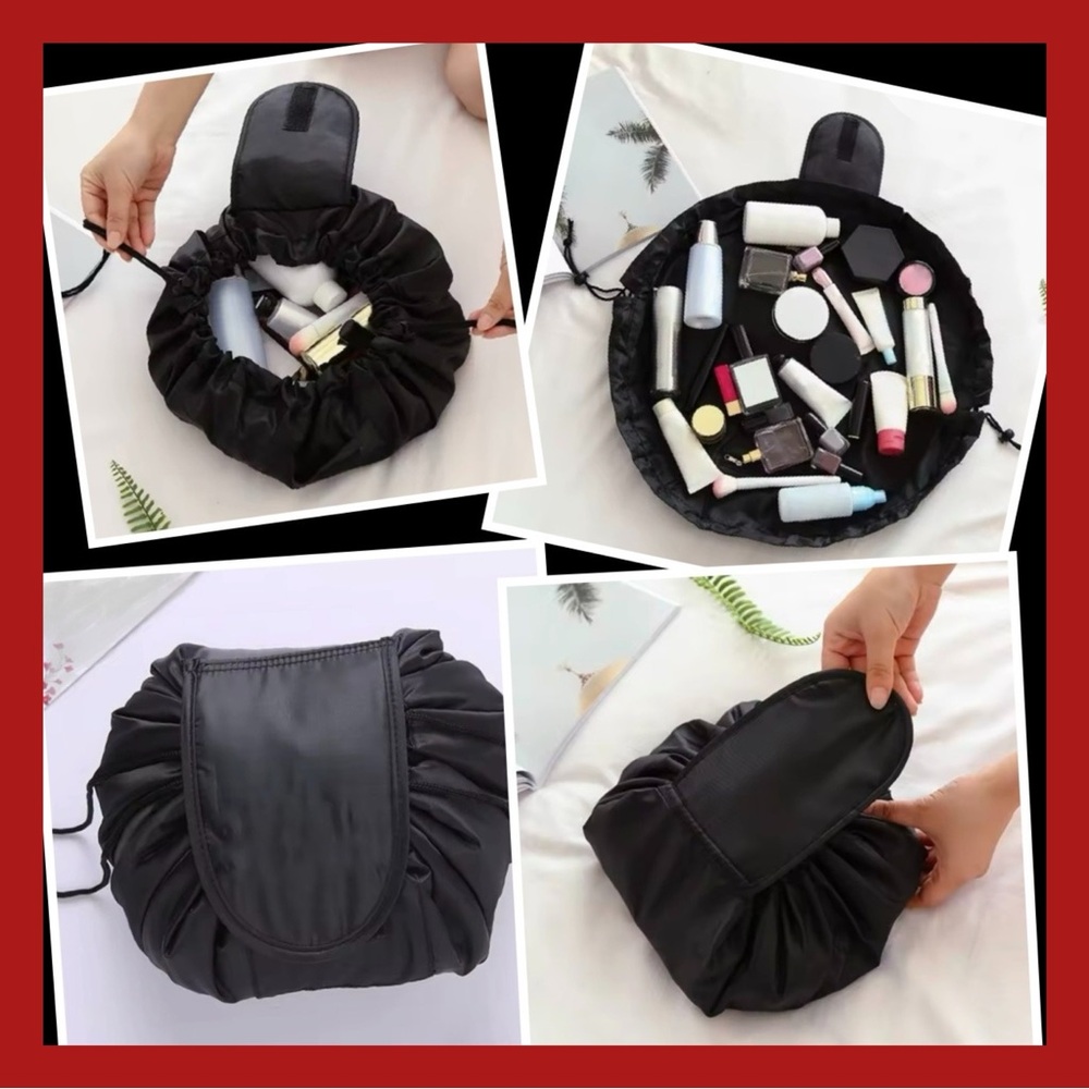 MAKEUP EXPANDABLE DRAWSTRING COSMETIC BAG OR CASE VELCRO CLOSURE IN BLACK- NEW
